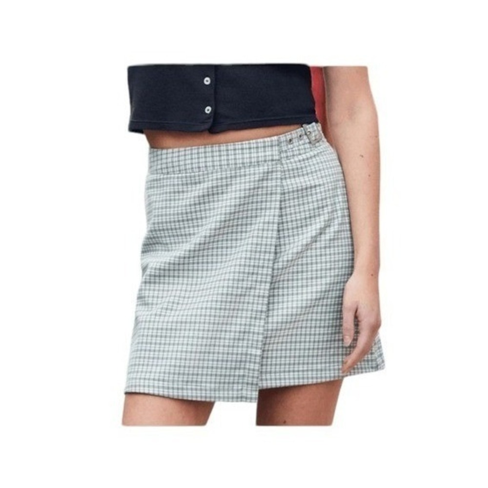 Brandy Melville J. Galt Wrap Skirt Green White Plaid Knit Mini‎ Buckle Detail